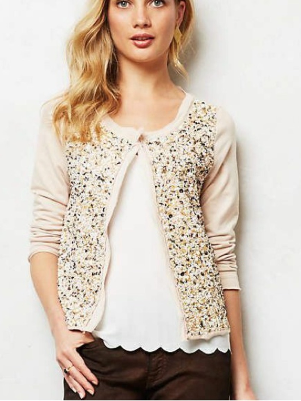 Anthropologie Postmark Beaded Cardigan Vintage Blush Sequin Jacket Cottage S